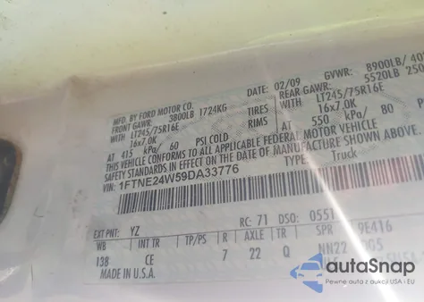 2009 Ford E-250 Commercial/Recreational from USA, damaged, VIN 1FTNE24W59DA33776